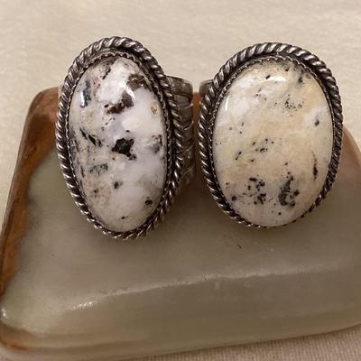 NSJ028 Two Navajo White Buffalo Turquoise Sterling Silver Rings Size 12