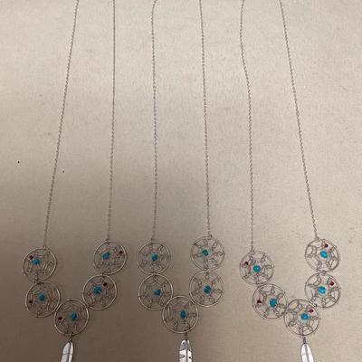 NSJ509 Three Navajo Sterling Silver Turquoise & Coral Dream Catcher Necklaces New