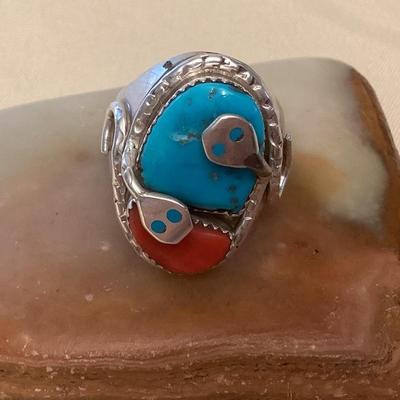 NSJ338 Navajo Sterling Turquoise & Coral Snake Ring Size 11 New