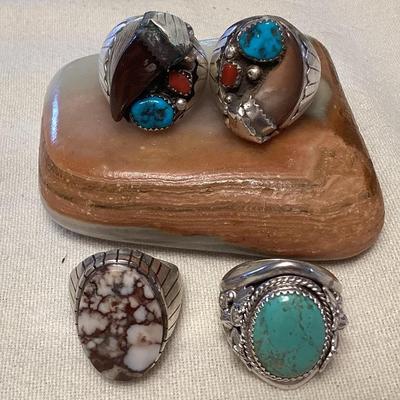 NSJ304 Four Navajo Sterling Wild Horse Turquoise, Turquoise & Coral Rings Size 11