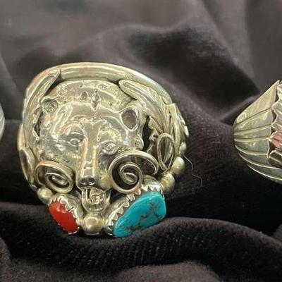 NSJ211 - Three Mens Navajo Sterling Silver Turquoise & Coral Rings Sz 10-10.5
