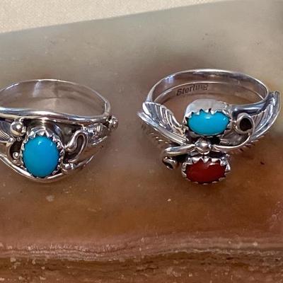 NSJ331 Two Navajo Sterling Turquoise & Coral Rings Size 6 New