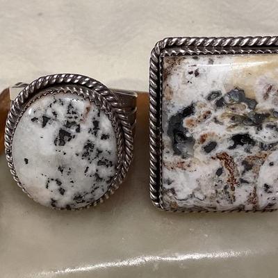 NSJ048 Two Navajo White Buffalo Turquoise Sterling Silver Rings Size 14.5