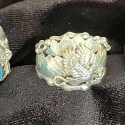 NSJ165 - Three Men’s Navajo Sterling Silver Eagle & Turquoise Rings Sz 11.75-12