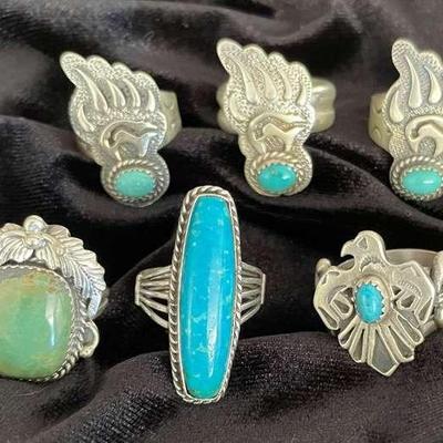 NSJ280 - Six Navajo Sterling Silver Rings With Turquoise Sz 7.5-8