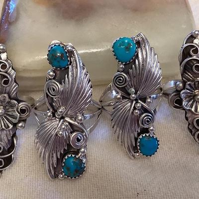 NSJ063 Four Navajo Sterling Silver & Turquoise Rings Size 9.5