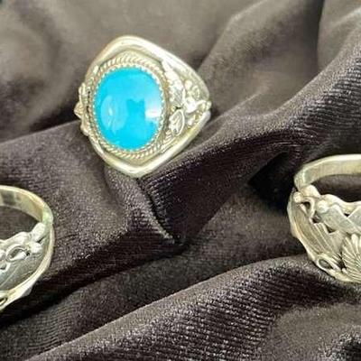 NSJ169 - Three Men’s Navajo Sterling Silver Eagle & Turquoise Rings Sz 13