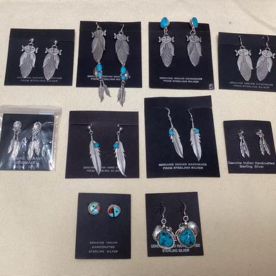 NSJ351 Ten Pairs Of Navajo Sterling & Turquoise Earrings New