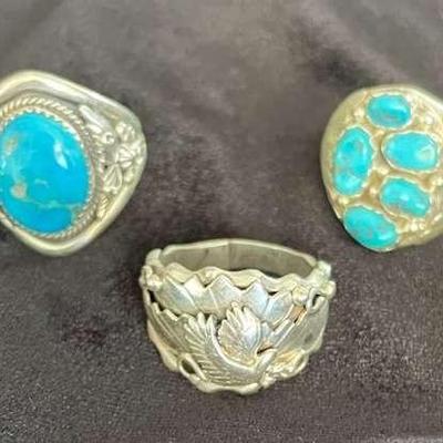 NSJ166 - Three Men’s Navajo Sterling Silver Eagle & Turquoise Rings Sz 11.5-12