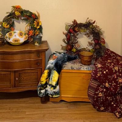 Antique Serpentine Oak Dresser, Cedar Chest, Fall Quilt And Decor