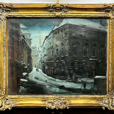 Viktor Pipal “Augustinerstrasse Winter” Street Scene Painting On Canvas - Framed 25x31”