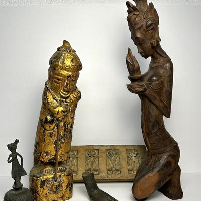 Carved Wood Balinese Figure, Brass Buddha Hand Fragment, Bell From Benin And More