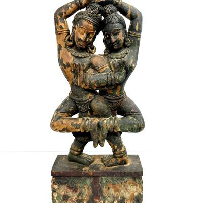 Antique Hindu Nara-Narayana Wood Sculpture- 18"