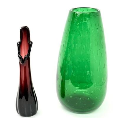 Signed Bullicante Glass 12" Vase & Amethyst 10" Swung Vase