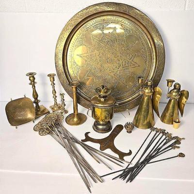 Brass Decor: 21.5” Tray, Candleholders, Oil Lamp, Kabob Skewers, More 