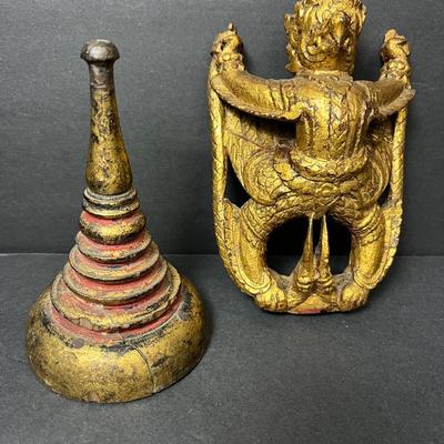 Burmese Gilded Wood Garuda Figure - 4.5x3x7.5" & Stupa 