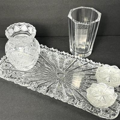 Cut Crystal Tray 16x7", Vases 5.25" & 6", Butter Pats (6)