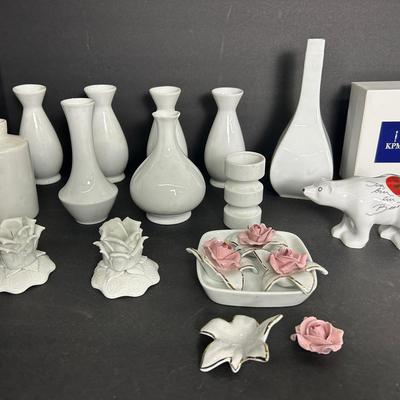 Vintage White Porcelain Vases Including KPM Germany, Plus Ceramic Florals, KPM Bear Figurine