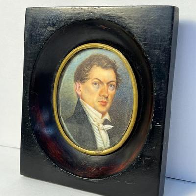 Portrait Miniature of Man In Black & Gold Wood Frame-  4X4.5”