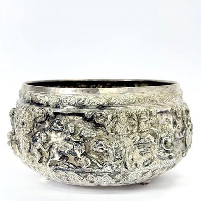 Silver (Tested) Southeast Asian Repousse Bowl With Scenes From The Life Of Buddha - 9” Diameter