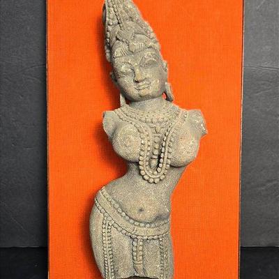 Hindu Carved Stone Female Figurine - Fragment 12.5x5”, Mounted On Wood Board