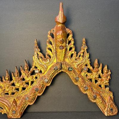 Burmese Gilded Wood And Mirror Inlay Temple Fragment- 17.5x16"