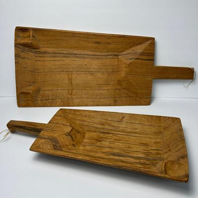 Pair of Hand-Carved Rustic Wooden Bread Boards with Handles, 22x8 & 17x8