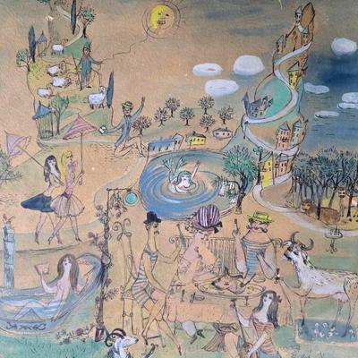 Bele Bachem Midcentury Pen & Ink Drawing With Gouache & Watercolor Wash - Framed 18x15”