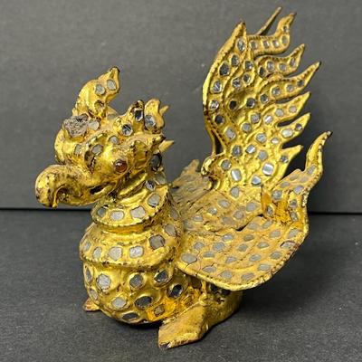 Burmese Gilded Hintha Bird Figure With Mirror Inlay - 4"
