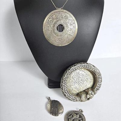 Silver (Tested) Hmong Buckle, Locket, Laotian Pendant & Middle Eastern Dish
