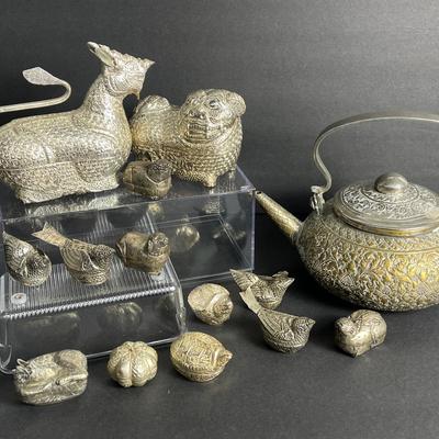 Southeast Asian Metalware Figural Betel Nut Boxes & Teapot