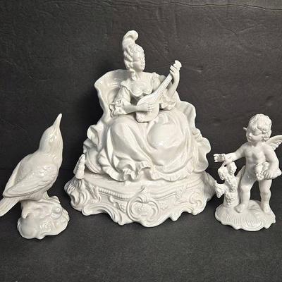 White Porcelain Dresden Figurines - Bird, Musician & Putti - 6-10”h