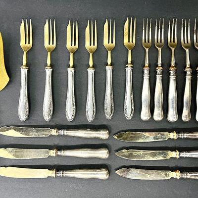 Antique Austrian 800 Silver Handled Flatware With Brass Utensil Ends