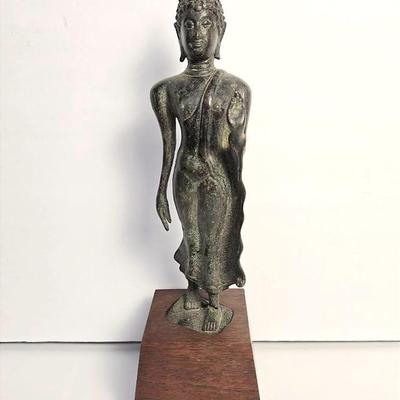 Bronze Walking Buddha Figurine On Wood Base - 13.5”h
