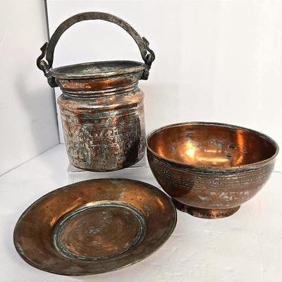 Antique Copper 6" Pot with Arabic Engraving Dated 1837, 7.5" Arabic Plate & Etched Bowl