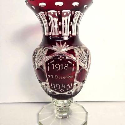 Vintage 1945 Bohemian Cut To Clear Ruby Crystal Presentation Vase - 11”