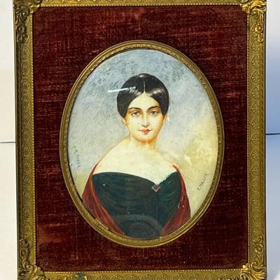 Portrait Miniature of Woman in Green Dress in Vintage Velvet Mat & Gilt Metal Frame-  4.5X5.5” 