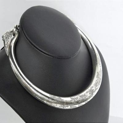Vintage Sterling Silver Southeast Asian Hmong Torque Necklace With Floral & Fish Engraving - Heavy