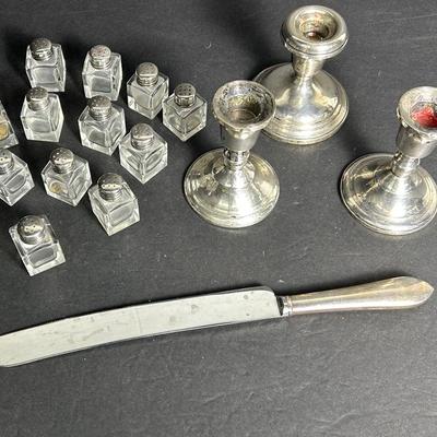 Sterling Silver Capped Shakers, Weighted Candleholders And Sterling Handled Knife