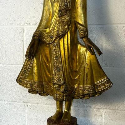Burmese Mandalay Buddha Gilded & Inlaid Wood Sculpture- 37.5" 