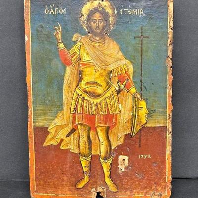Antique Greek Orthodox Icon of Saint Artemius - Dated 1792 - Hand-Painted Religious Artwork, 7x10