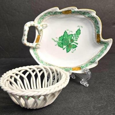 Herend Hungary Porcelain Chinese Bouquet 5" Trinket Dish & 3.85" Open Weave Dish