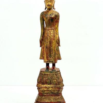 Antique Thai Gilded Wood Standing Buddha - 16.5"