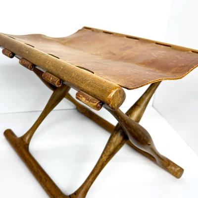 Danish Modern Poul Hundevad Guldhøj Teak & Leather Folding Stool - 19x15x15”