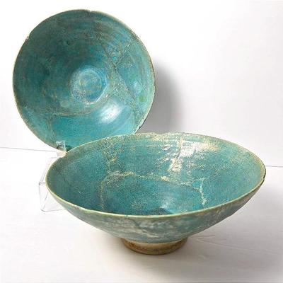 Ancient Persian/Syrian STYLE Turquoise Glazed Earthenware Bowls, Repaired