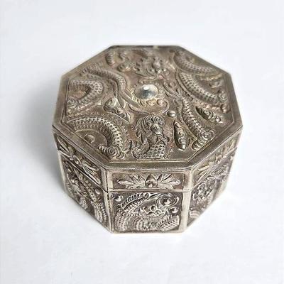 Silver (Tested) Repousse Chinese Dragon Trinket Box 