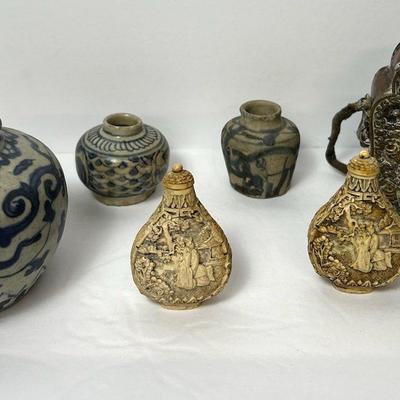 Asian Resin Snuff Bottles, Portable Shrine, Blue & White Pots