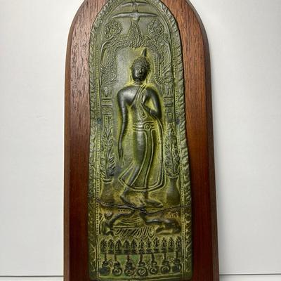 Sukhothai Style Thai Buddhist Metal Votive Plaque, Mounted 8x18
