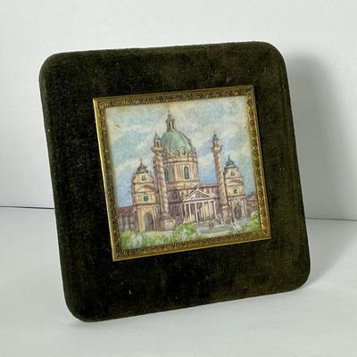 Miniature Painting of Karlskirche Cathedral Vienna Austria In Velvet Mat Frame-  4.5X4.5” 