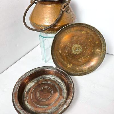 Vintage Copper Arabic Engraved Dishes (8" & 8.5") With Hand Crafted 6" Pot